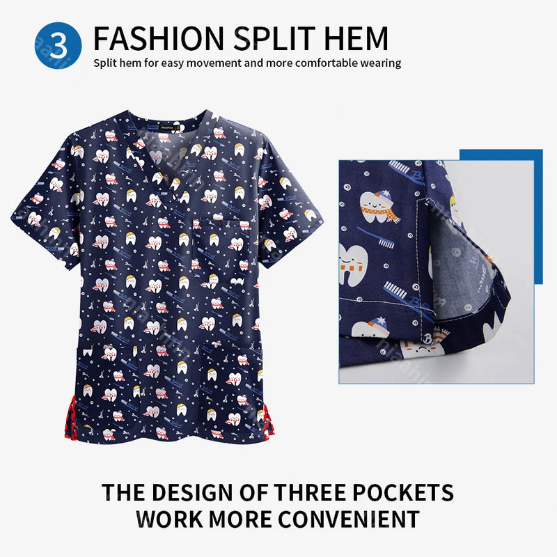Medical Uniform Tops for Women Medical Print V-Neck Clinical Uniform T-shirts Short Sleeved Pocket Tops Surgical Uniforms Woman
