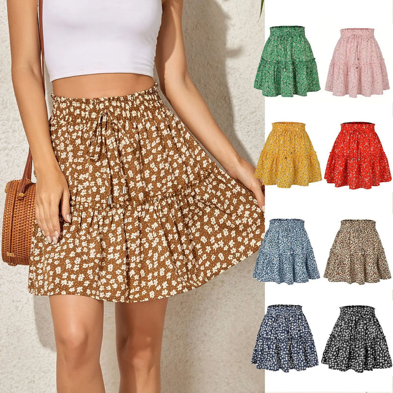 Women Floral Print A-Line Skirt Summer Lady High Elastic Wiast Little Daisy Vestidos LDY-WW4648