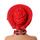 Vermelho Multi-Layered chapéu de turbante, Africano Fan Shaped cabeça Wraps, Headwear plissado com Cristal, Nigéria Headtie, Auto Gele, Casamento