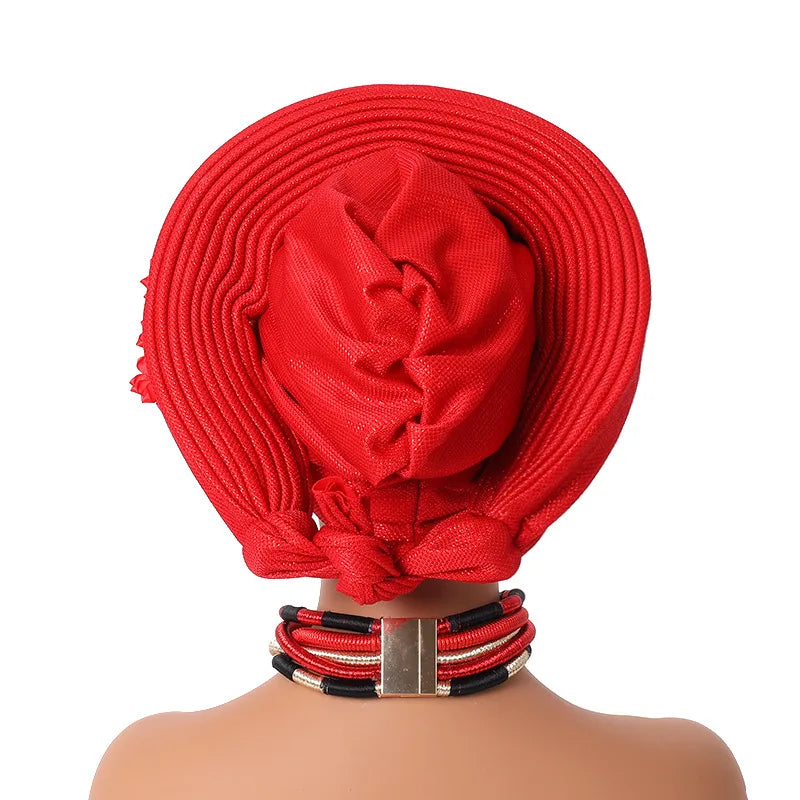 Vermelho Multi-Layered chapéu de turbante, Africano Fan Shaped cabeça Wraps, Headwear plissado com Cristal, Nigéria Headtie, Auto Gele, Casamento