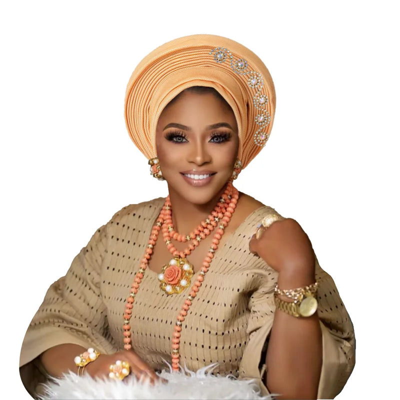 New African Headtie Turban Nigeria Head Ties with Flowers Already Made Auto Gele Women Head Wraps for Wedding Party