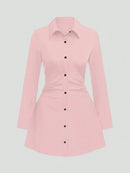 Plus size casual cintura fina manga longa camisa vestido cor pura elegante estilo viajante 2025 outono novo