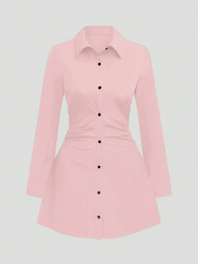 Plus size casual cintura fina manga longa camisa vestido cor pura elegante estilo viajante 2025 outono novo