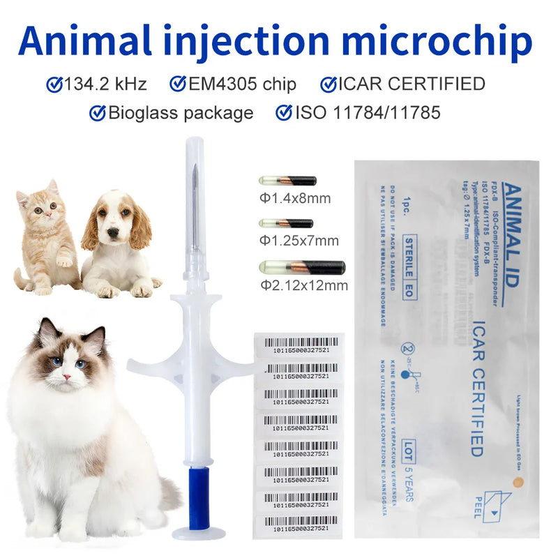 Seringa de microchip para animais de estimação, 100 peças, 134.2khz FDX-B em4305, chip de identificação para cães, gatos, cavalos, peixes, 1.25*7mm/1.4*8mm/2.12*12mm