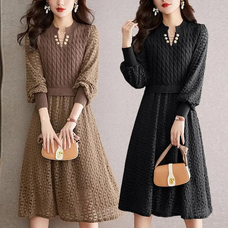 Fake Two Pieces Knitted Patchwork Midi Dress Female Clothing A-Line Waist Spring Autumn Commute Stylish Lace Hollow Out Dresses