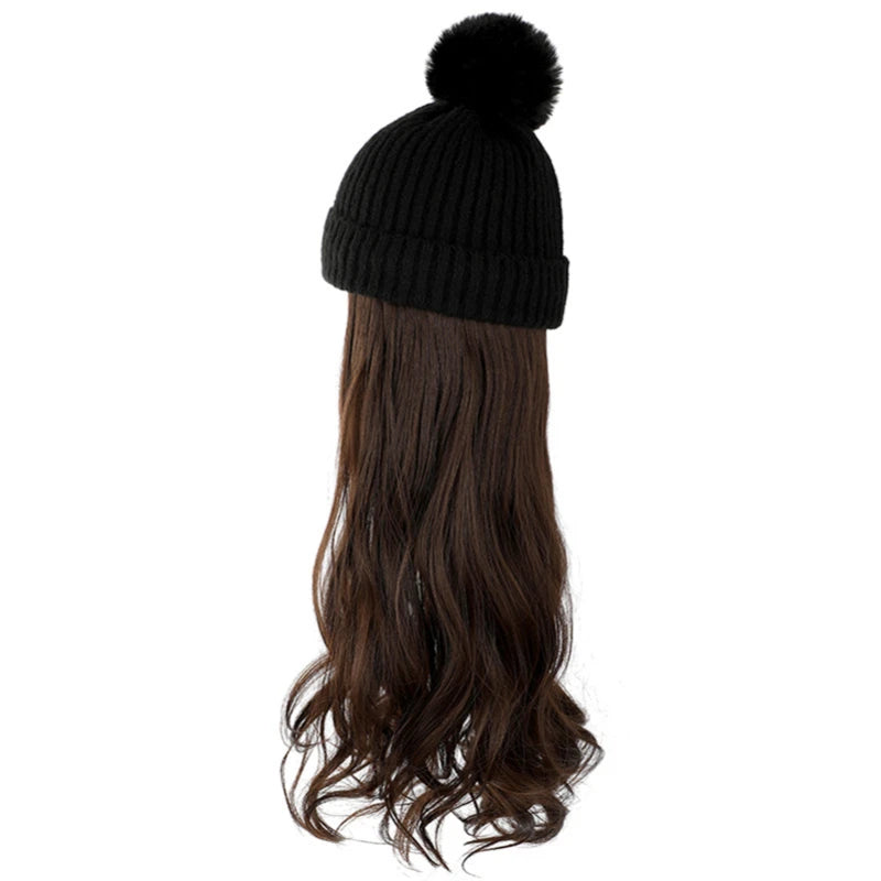 Fashion Hat Wig Brimless Cap with Long Curly Wave Hair Extensions Knitted Synthetic Removable Hairs Piece for Women Winter Use