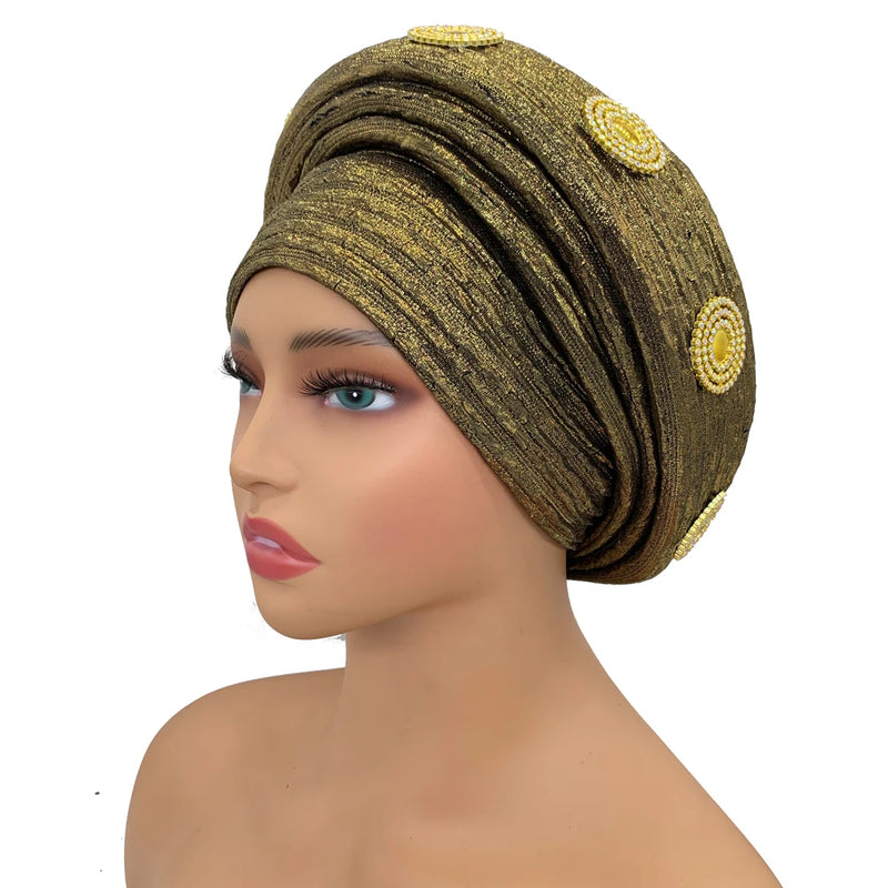 Already Made African Headtie Glitter Diamonds Women's Turban Cap Female Head Wraps Nigeria Wedding Auto Geles Party Headwear Hat