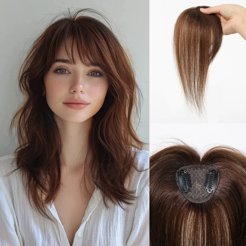 Topper de cabelo humano remy marrom escuro com franja de ar moda toppers de cabelo reto para mulheres uso diário clipe em extensões de cabelo
