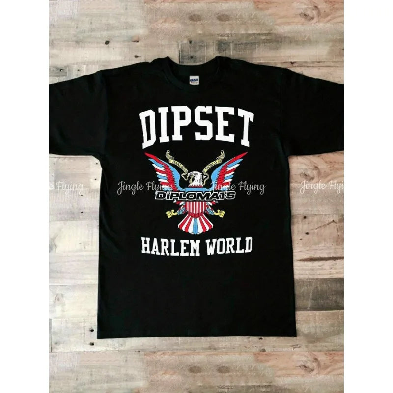 Dipset Stars Immunity Black T-Shirt Cotton Crew Neck With Diplomats Eagle Harlem World Print Short Sleeve