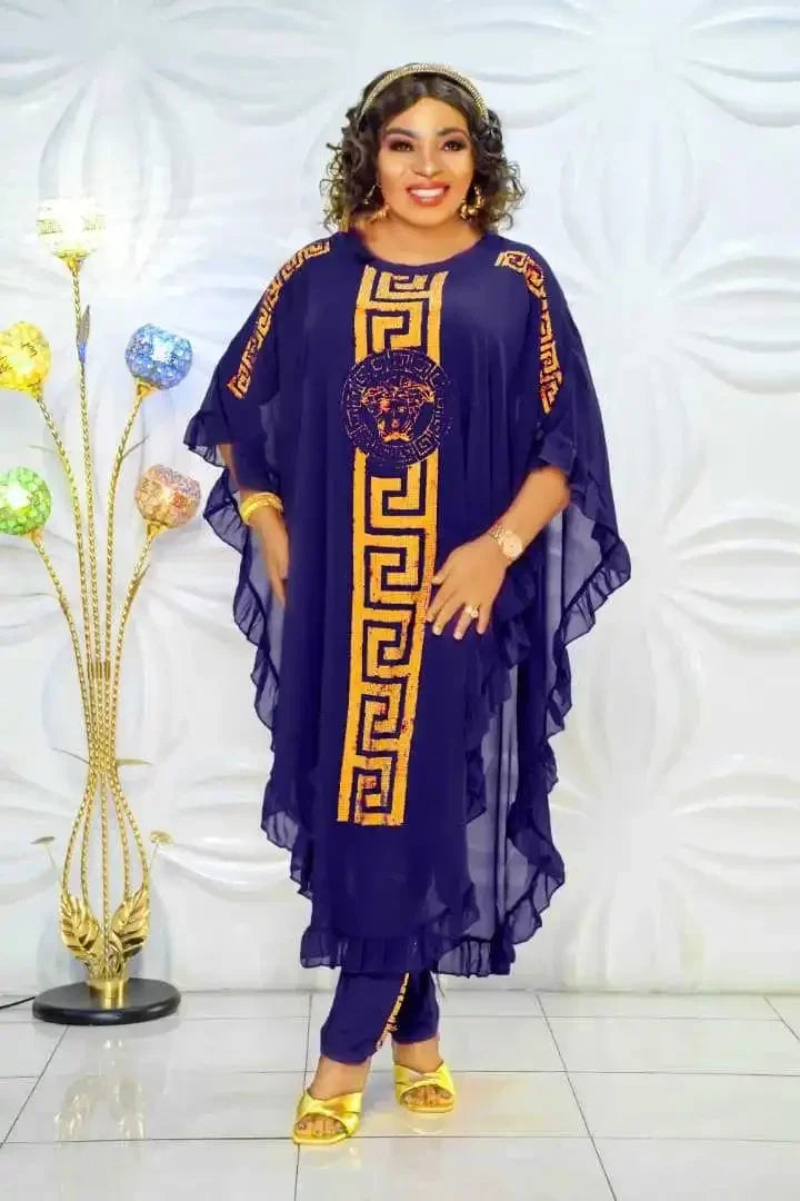African Plus Size Chiffon Medium-Length Three-Piece Suit Ultra-Fine Fiber Five-Sleeve Fly Sleeve Chiffon Skirt Set
