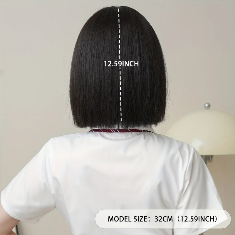 Routine Bob Wigs Short Straight Black Wig with Bangs High Density Synthetic Fluffy Bob Wigs for Women Girls Daily Use 12.59 Inch