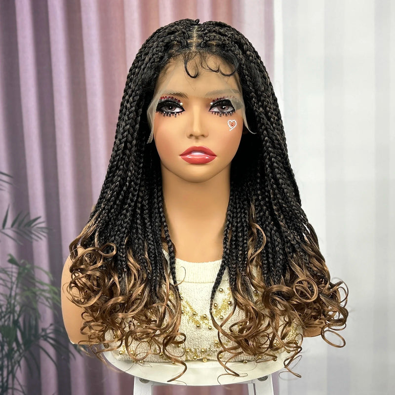 Ombre sintético frente do laço quadrado knotless caixa trançada peruca com extremidades onduladas peruca de tranças frontais do laço com cabelo do bebê para preto