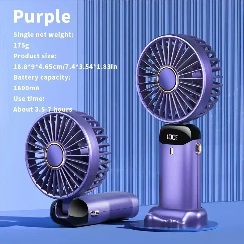 USB Rechargeable Handheld Mini Fan Foldable Portable Fan 5 Speed Levels LED Display Dual Battery 360° Adjustable Home Travel Use
