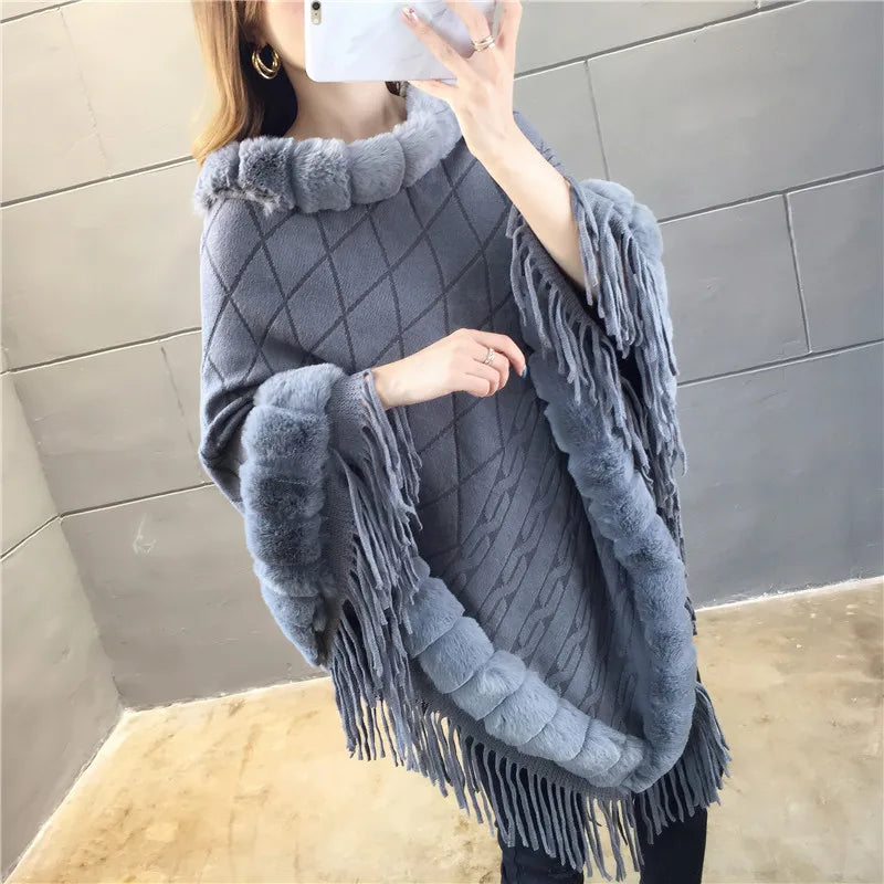 Autumn Winter Imitation Rabbit Fur Women's Coat Imitation Wool Collar Pullover Shawl Warmth Poncho Capes Red Cloaks