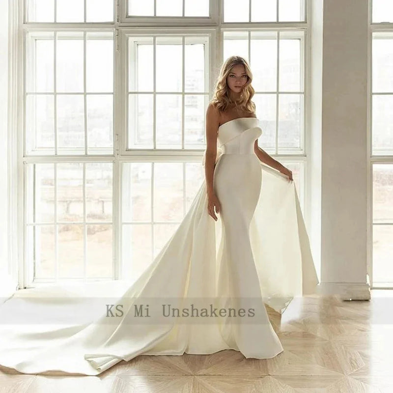 Elegant Ivory Satin Wedding Dresses 2025 Strapless Long Train Bridal Dress Bow Vestido De Noiva Customized Mermaid Wedding Gowns