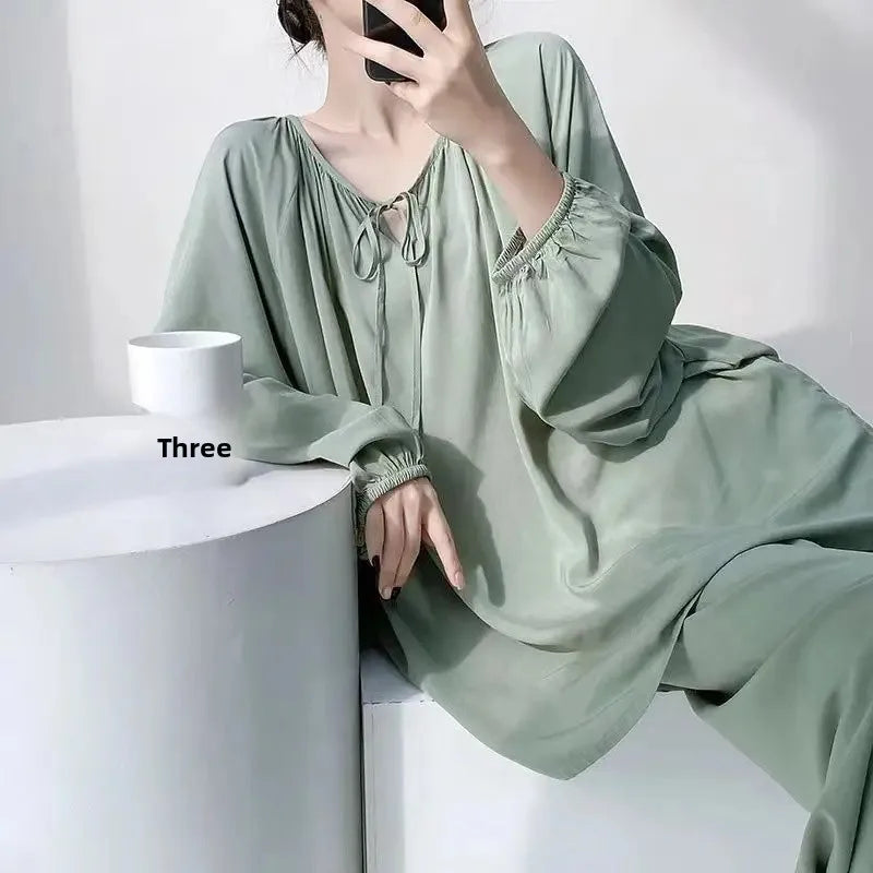 Spring Autumn Cotton Silk Sleepwear Women Loose Thin Home Clothes Set Large Size V-neck Comfortable Breathable Home Fashion