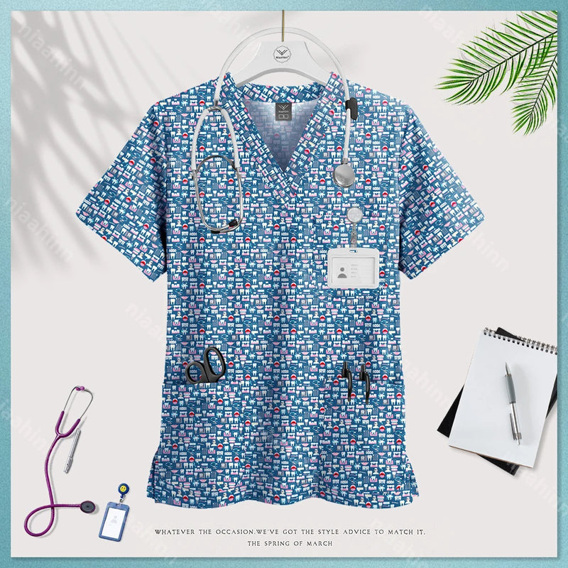 Medical Uniform Tops for Women Medical Print V-Neck Clinical Uniform T-shirts Short Sleeved Pocket Tops Surgical Uniforms Woman