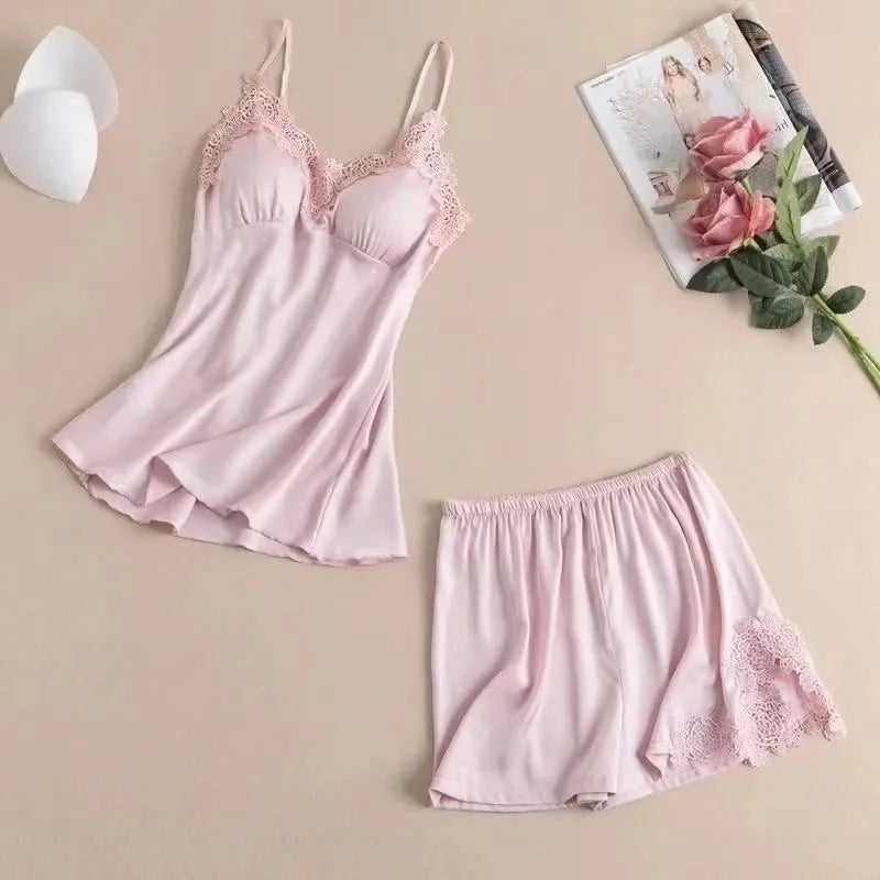 Summer Ice Silk Thin Strap Sleepwear Sexy Women's Home Clothes with Chest Pad High End Sensual Nightgown V-neck No Sleeve