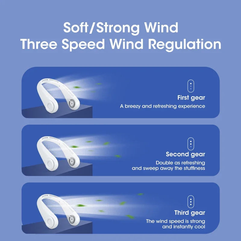 Ventilador de pescoço pendurado recarregável USB Mini banco de potência portátil sem folhas embutido para viagens, esportes, escritório doméstico