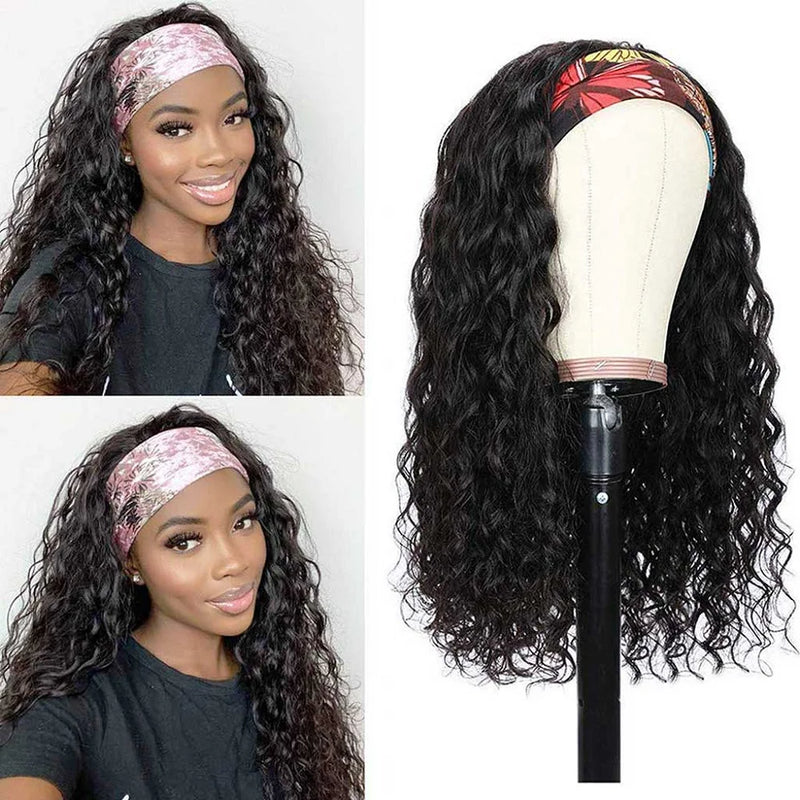 Curly Headband Wigs For Women Water Wave None Lace Front Wigs Human Hair Full Machine Made 180 Density Remy Hair Easy To Wear