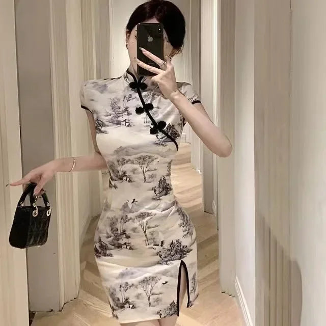 New Chinese Style Slimming Waist Modified Retro National Wind Girl Daily Cheongsam Summer Waist Inward Split Slimming Dress