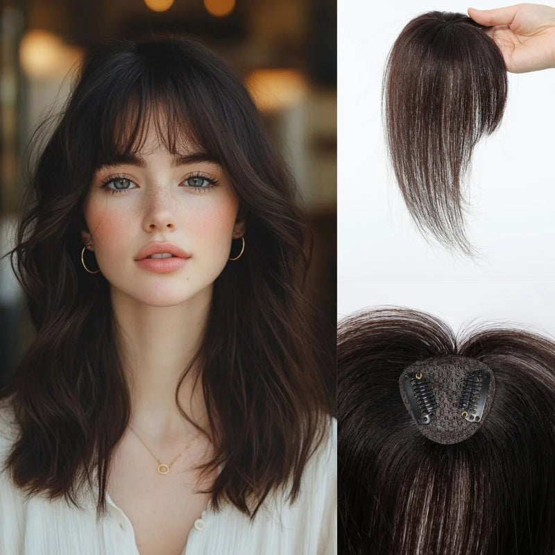 Topper de cabelo humano remy marrom escuro com franja de ar moda toppers de cabelo reto para mulheres uso diário clipe em extensões de cabelo