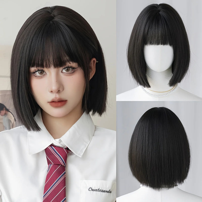 Routine Bob Wigs Short Straight Black Wig with Bangs High Density Synthetic Fluffy Bob Wigs for Women Girls Daily Use 12.59 Inch