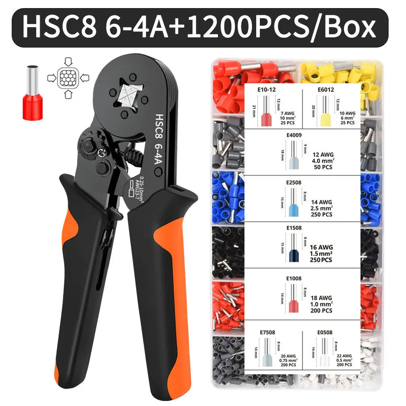 Hexagonal Auto-Ajustável Ratchet Virola Crimping Tool Kit, Crimper Kit com Mangas Virola, Terminais de Fio, 23-7AWG, 0.25-10 mm2