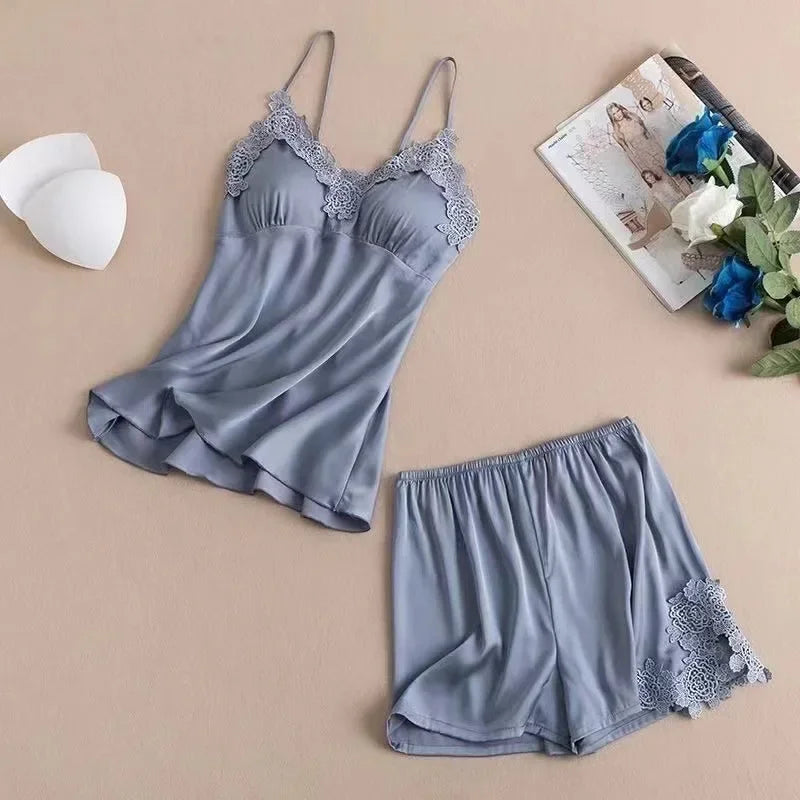 Summer Ice Silk Thin Strap Sleepwear Sexy Women's Home Clothes with Chest Pad High End Sensual Nightgown V-neck No Sleeve