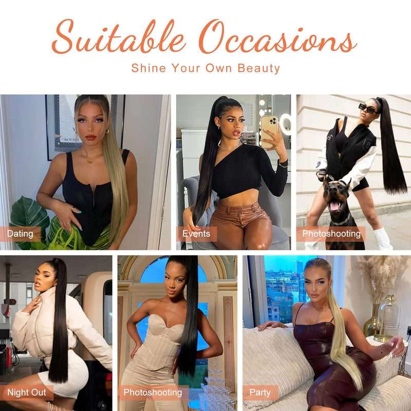Extensão de rabo de cavalo com cordão reto, 10 "-30", rabo de cavalo longo e reto, 100% cabelo humano, clipe em rabo de cavalo, postiços para mulheres