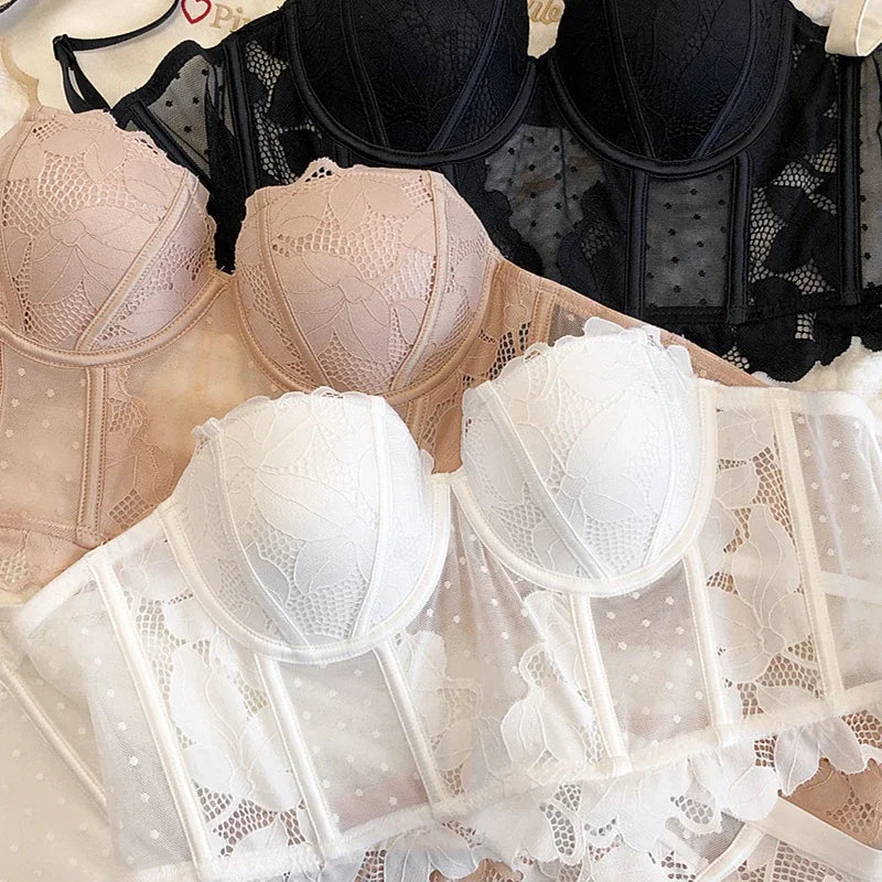 2 peças sexy rendas flores bordado conjunto de roupa interior feminino corpo shaper topos push up sutiã conjunto preto malha ponto lingerie respirável