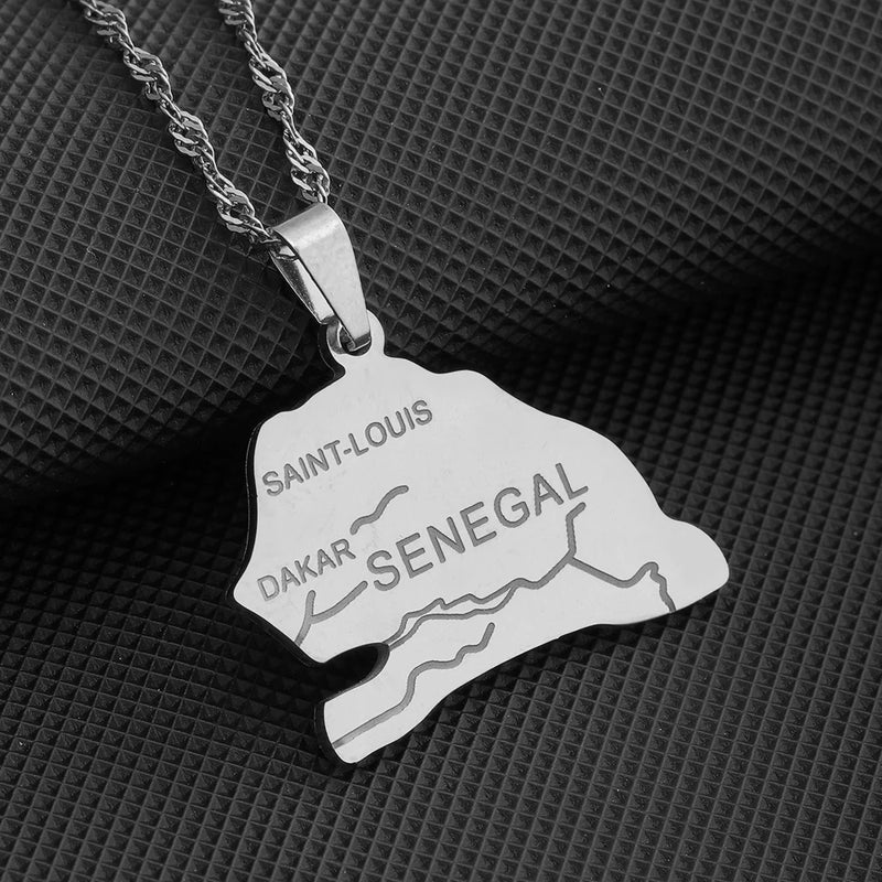 African Sénégal Map Flag Pendant Necklace Stainless Steel Men Women Senegal Maps Jewelry Gift