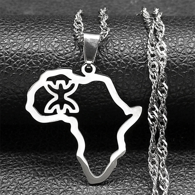 African Map Berber Amazigh Chain Necklaces for Women Men Stainless Steel Gold Color Amulet Necklace Jewelry collier 8092-QKC