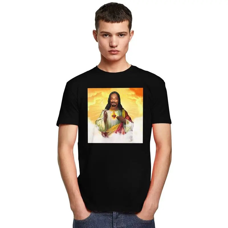 Custom Funny Saint Jesus Snoop Dogg Tshirt for Men Short Sleeve Leisure T Shirt Cool T-shirts Slim Fit 100% Cotton Tee Gift