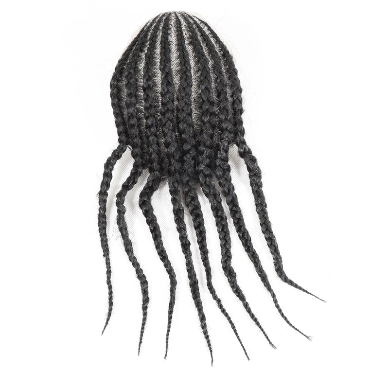 1B Cornrow Box Braided Toupee For Men Human HairPiece Breathable Lace With PU Replacement System Hair Prosthesis Units Patch Wig