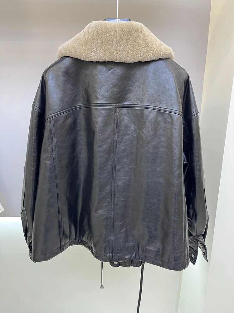 2024 enuine Sheepskin Leather Jacket Natural Merino Sheep Fur Collar Goose Down Jacket Coat Women's Luxury Female Coats