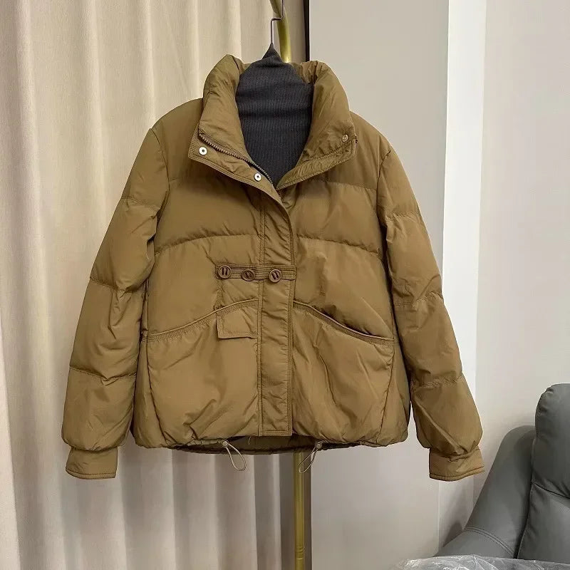 2024 New Winter Standing Neck Loose White Duck Down Warm Jacket Women Buttons Solid Color Warm Casual Fashion Puffer Bread Coat