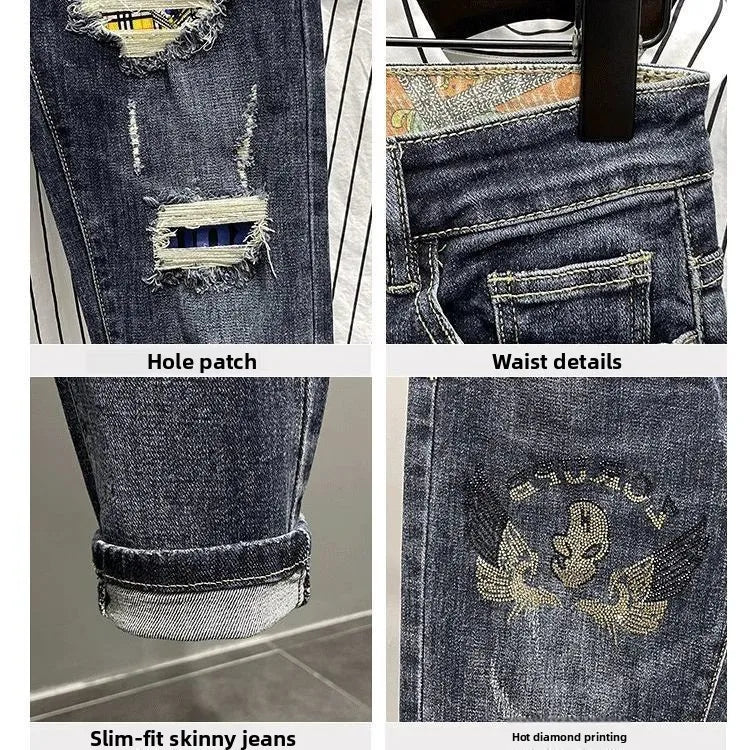 2025 Brand Luxury Men's Clothing Jeans New Slim-fit Ripped Pants Men's Trendy Brand Elastic Versatile Spirit Guy Work Pants Man