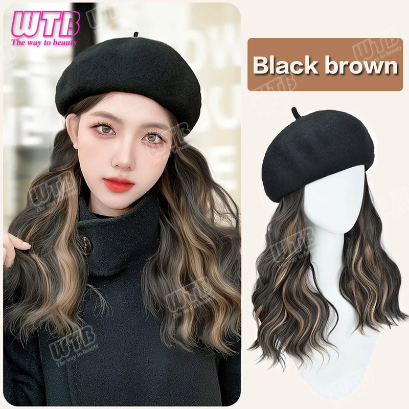WTB Wavy Curly Hair Hat Wig Long Hair Black/Golden Beret Autumn Winter Hat Chemical Fiber Wig Hair Extensions Hair Accessories