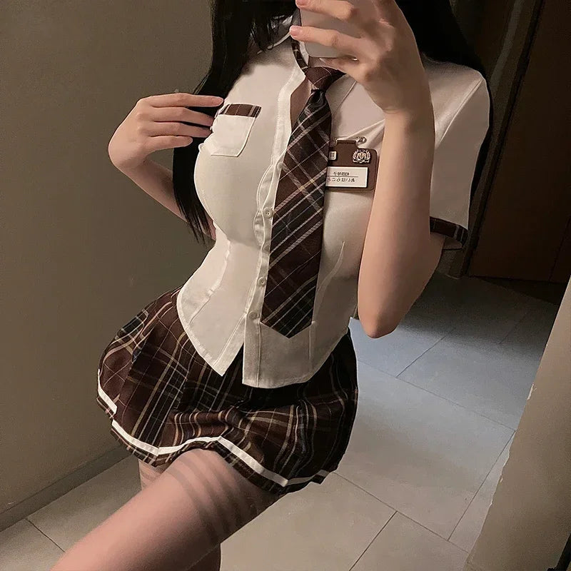 Estudante cosplay trajes feminino lingerie sexy uniforme estudante plissado mini saia impertinente nightwear roleplay sleepwear