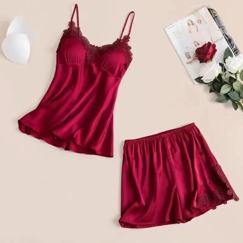 Summer Ice Silk Thin Strap Sleepwear Sexy Women's Home Clothes with Chest Pad High End Sensual Nightgown V-neck No Sleeve