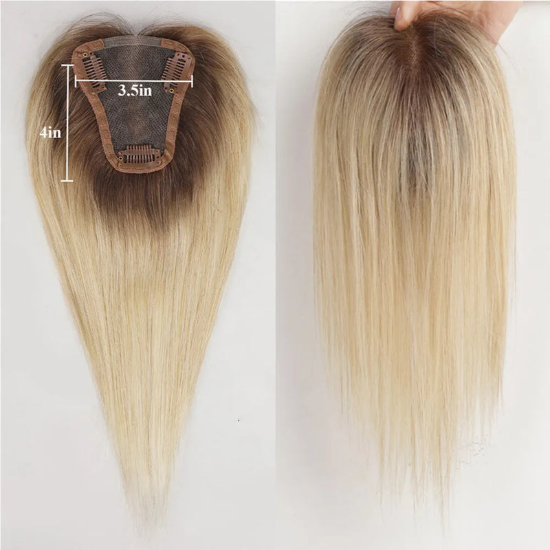 Toppers de cabelo humano 100% real para mulheres ombre marrom loiro topper de cabelo 3.5*4 polegadas base de renda clipe em extensões de cabelo para perda de cabelo