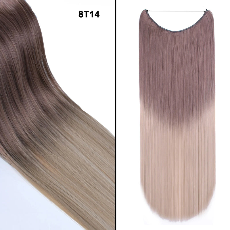Jeedou One Piece Synthetic Hair Extension No Clips Whit Invisible Line Straight&Wavy Hair Hairpieces Brown Blue Ombre Color