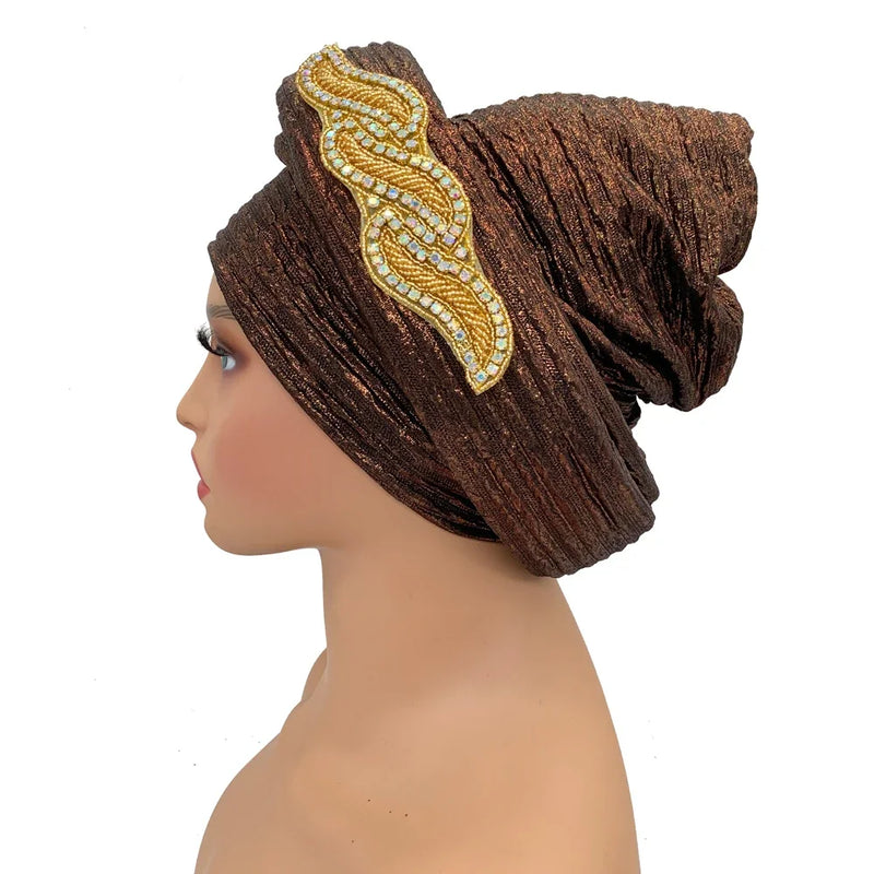 Brilhando africano headtie turbante boné feminino autogele nigeria festa de casamento chapelaria feminino cabeça wraps turbante mujer