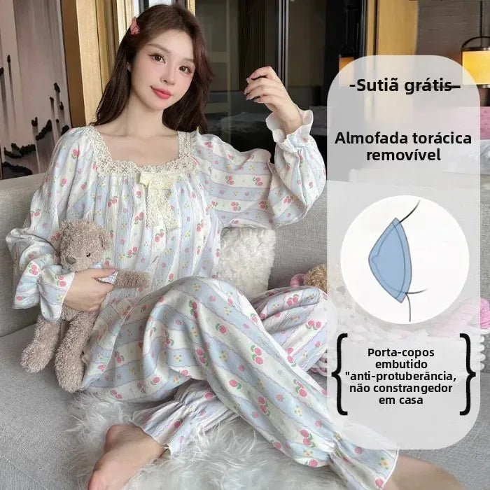 Elegant Women's Bow Long Sleeve Pajama Set With Chest Pad Autumn/Winter New Style Cloud Cotton One-Row Collar Home Clothes