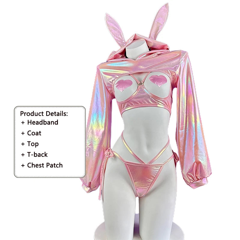 SENMHS-Lingerie Sexy Bunny para Meninas, Coelhinho Brilhante, Top de couro a laser, Coelho do biquíni, Cosplay Anime, Dia das Bruxas