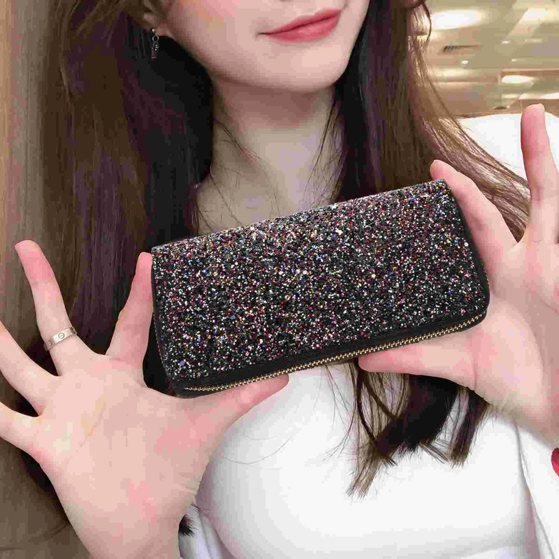 Premium Pu Polyester Glitter Long Wallet Women Zippered Shiny Multi Pocket ganizer Metallic Purse Handbag Storage Case Gift For