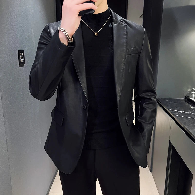 Male Fashion Business Fashion Men's Casual Leather Dress Suit Coat Casual Pu Blazers Jacket Casual Blazer Jackets Man Outerwear
