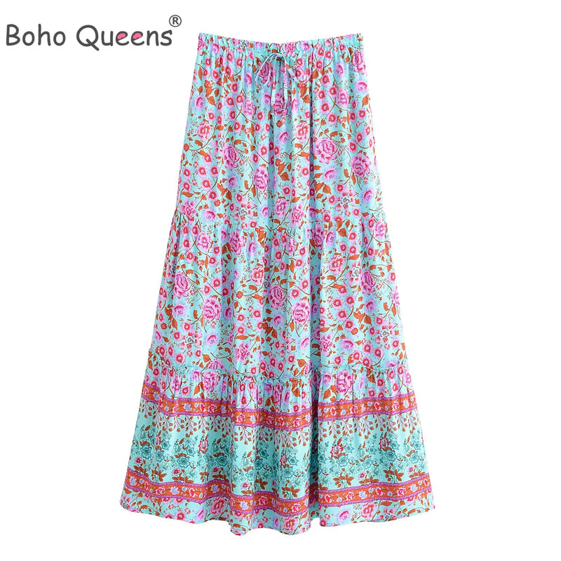 Boho Queens Women Wild Floral Print Beach Bohemian Skirt with Pockets High Waist Rayon Maxi  A-Line Ruffles Boho Skirts Femme