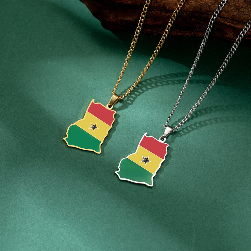 EUEAVAN Enamel Africa Ghana Map Flag Pendant Necklace Men Women Stainless Steel Gold Silver Color African Ghanaian Jewelry Gifts